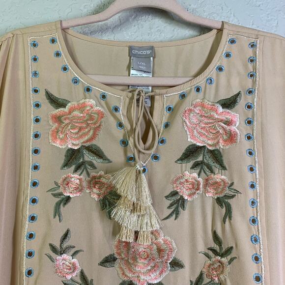 CHICO'S Poncho Fully Embroidered‎ Front Scoop Neck w/Tassel Ties Fringe Hem - Picture 3 of 12